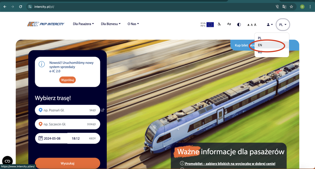 Cambio de idioma en web de Intercity