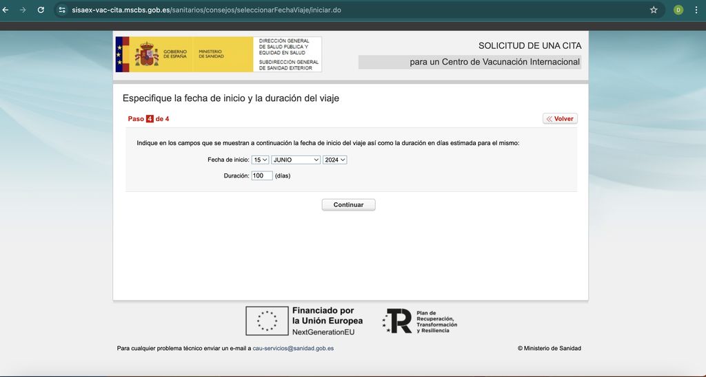 Paso 4 para pedir cita en Sanidad Exterior donde elegir duración del viaje y fecha del mismo