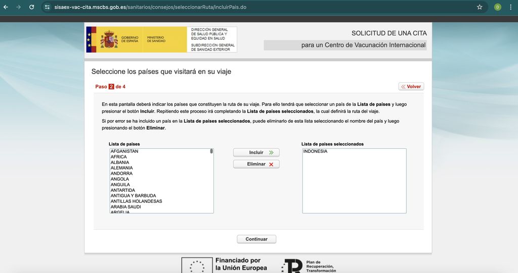 Paso 3 de elección de países para pedir cita en Sanidad Exterior