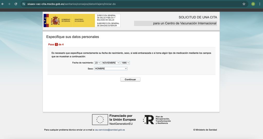 Paso 2 para pedir cita en Sanidad Exterior