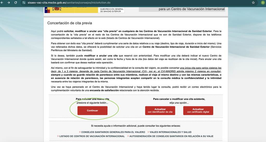 Paso 1 para pedir cita en Sanidad Exterior