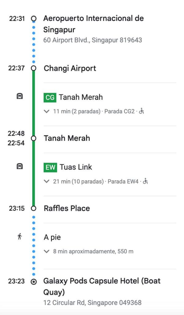 Indicaciones de metro de Singapur en Google Maps con trasbordo.