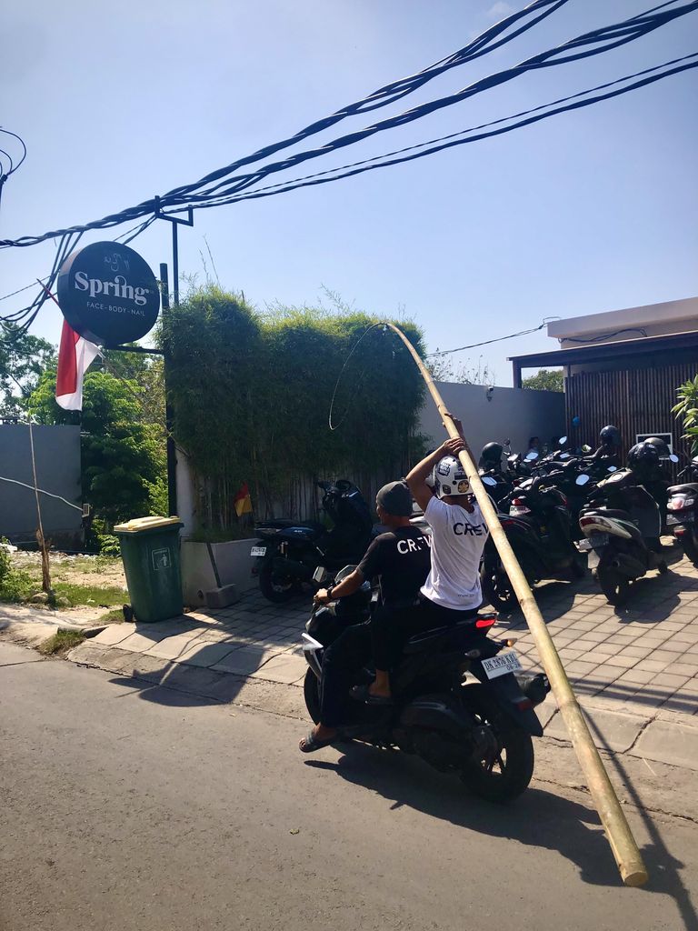 Balineses levando un palo de bambú en moto para hacer un Penjor