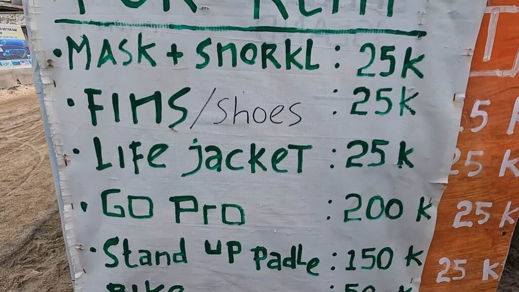Tabla de precios de alquiler de material de Snorkel en Gili Trawangan